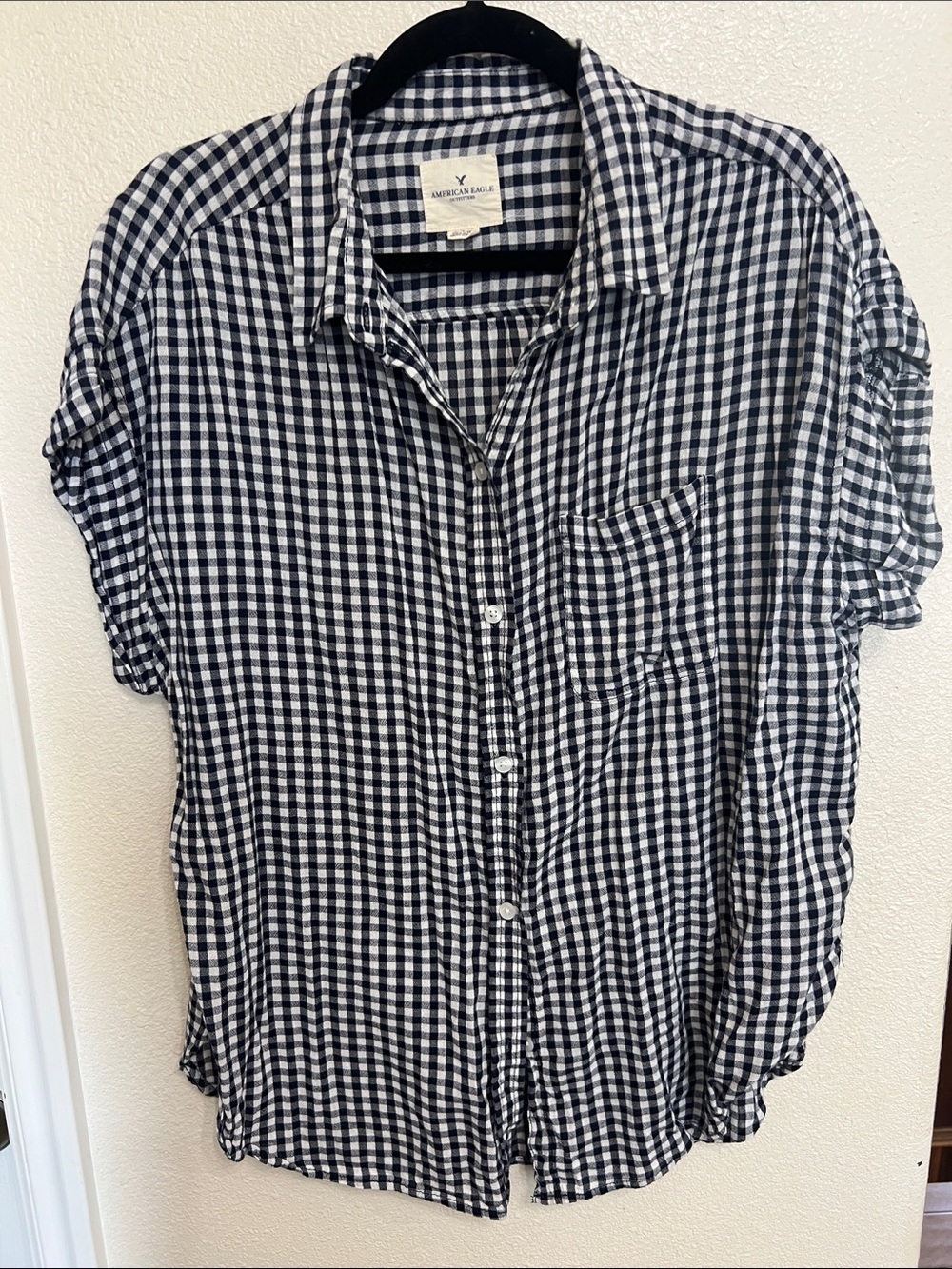 American Eagle Outfitters Navy and White Gingham Short-Sleeve Button-Up